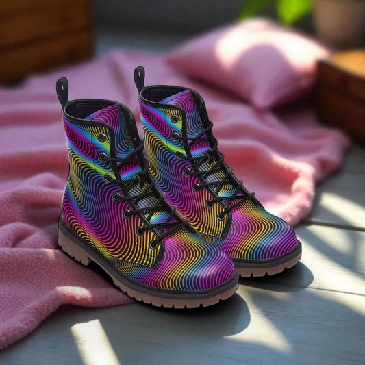 Psychedelic Combat Boots, Rainbow Wave Lace Up Shoes, Trippy Streetwear Footwear