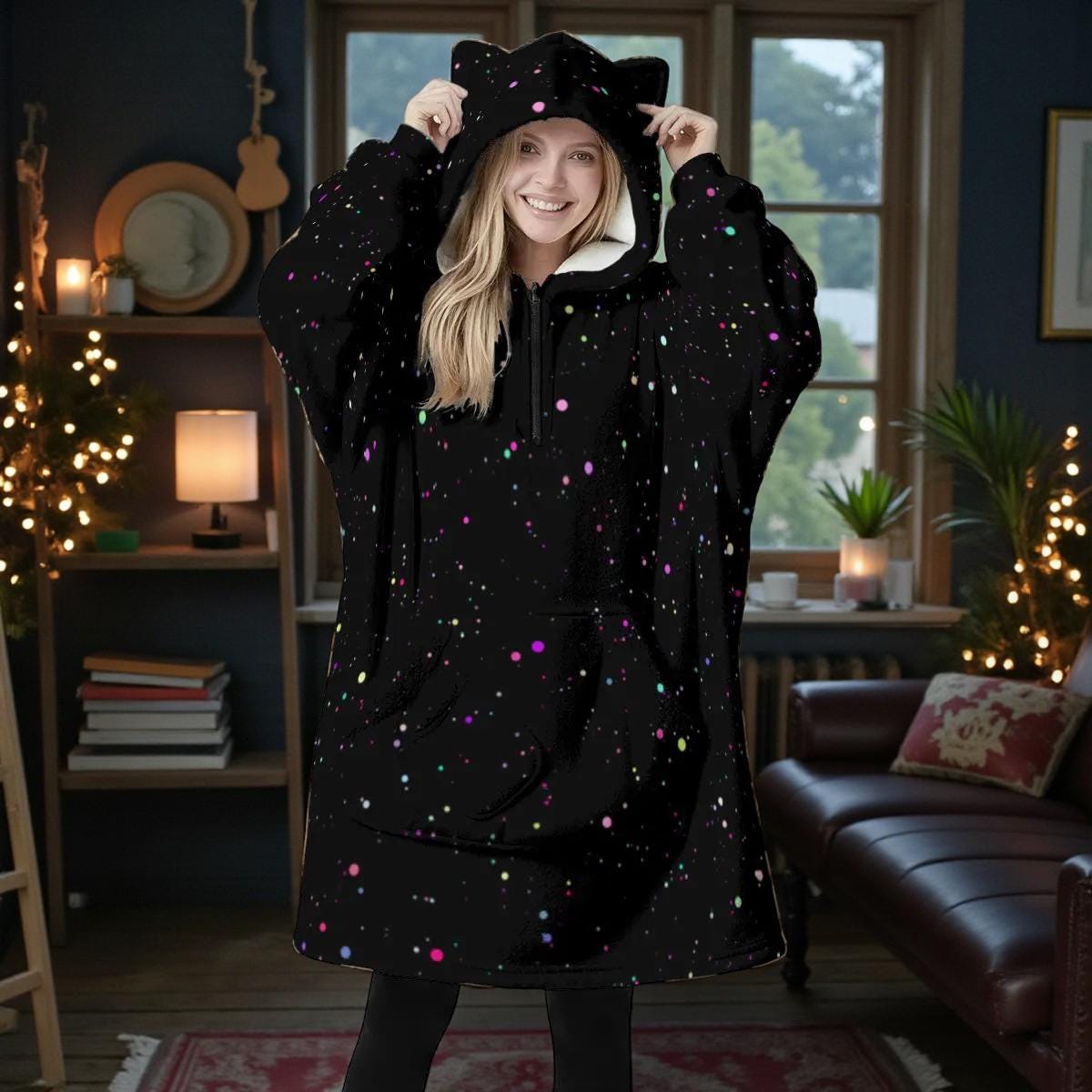 Celestial Star Speckle Fleece Hoodie Blanket, Cat Ear Hood