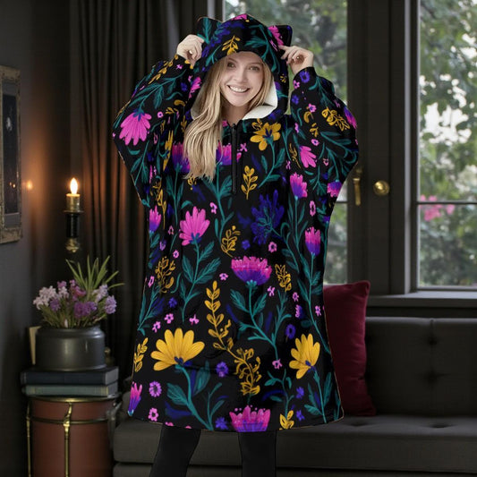 Dark Floral Fleece Hoodie Blanket, Cottagecore Cat Ear Hood
