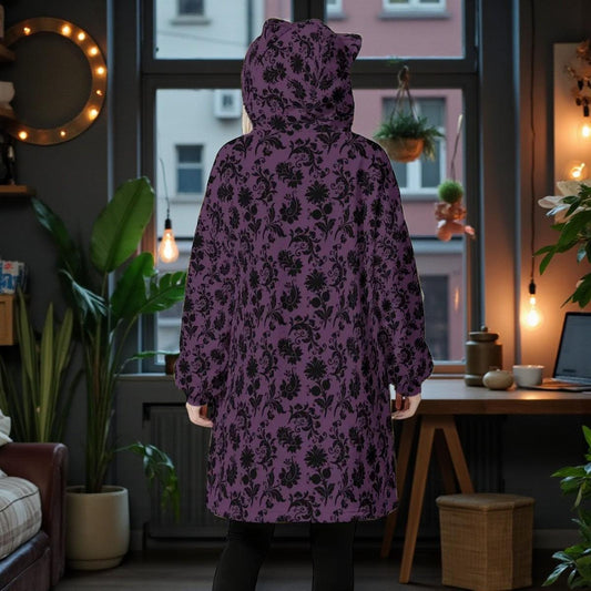 Victorian Damask Blanket Hoodie with Cat Ear Hood, Purple Gothic Pattern Oversized Fleece Hoodie