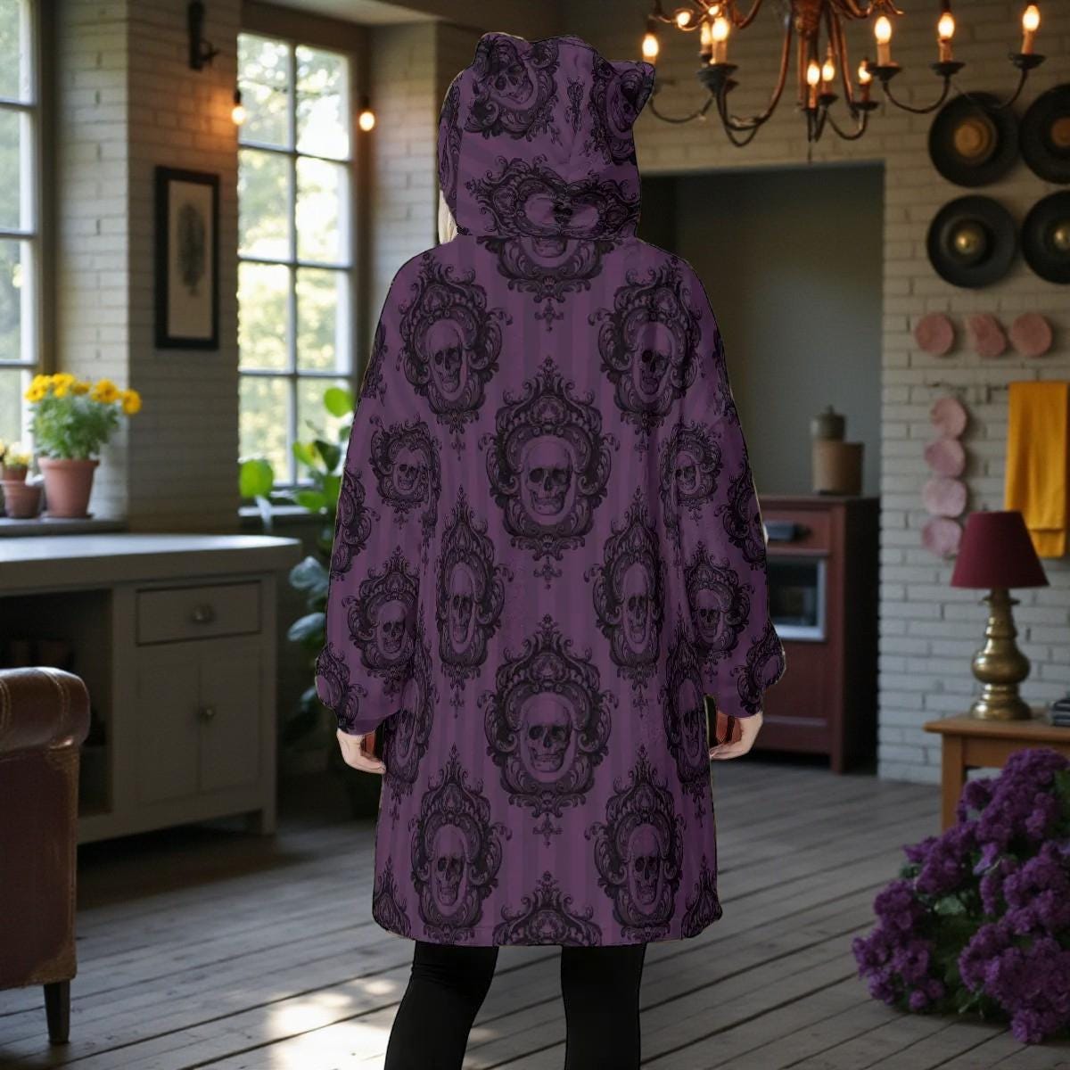 Victorian Gothic Damask Fleece Hoodie Blanket, Purple Skull Cat Ear Hood