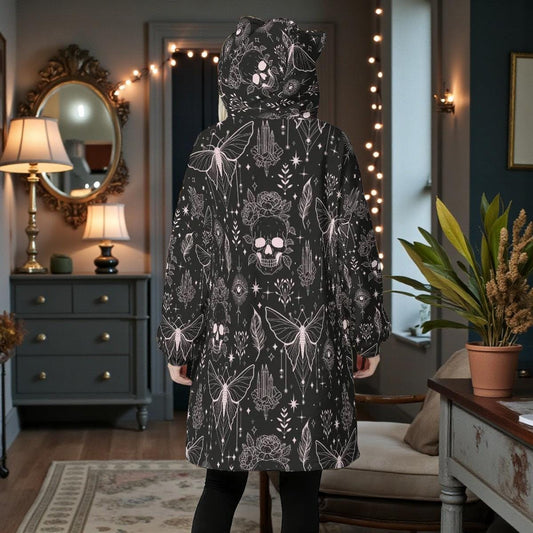 Moth Skull Occult Hoodie Blanket, Gothic Line Art Print Blanket Hoodie with Cat Ear Hood, Oversized Fleece Hoodie