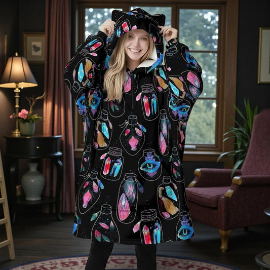 Witchy Potion Bottle Fleece Hoodie Blanket, Cat Ear Hood