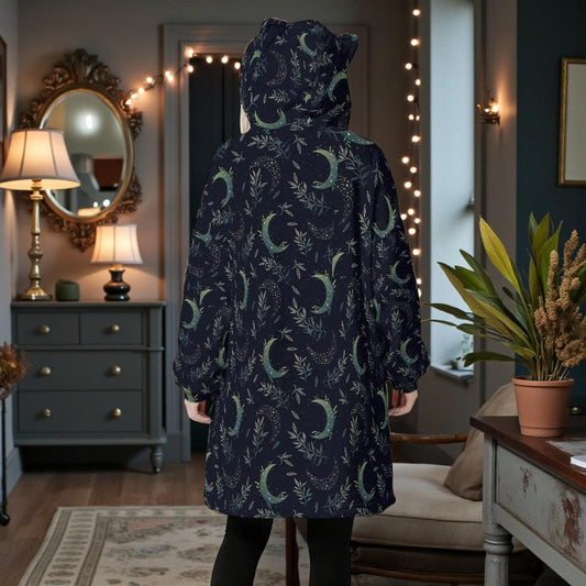 Celestial Moon Fleece Hoodie Blanket, Witchy Cat Ear Hood