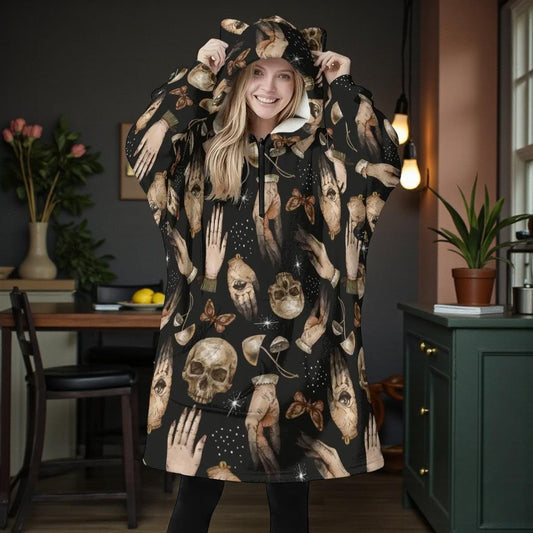 Occult Skull Fleece Hoodie Blanket, Witchy Gothic Cat Ear Hood