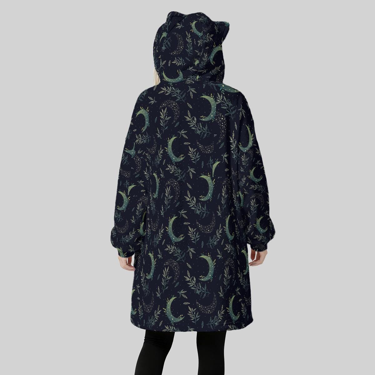 Celestial Moon Fleece Hoodie Blanket, Witchy Cat Ear Hood