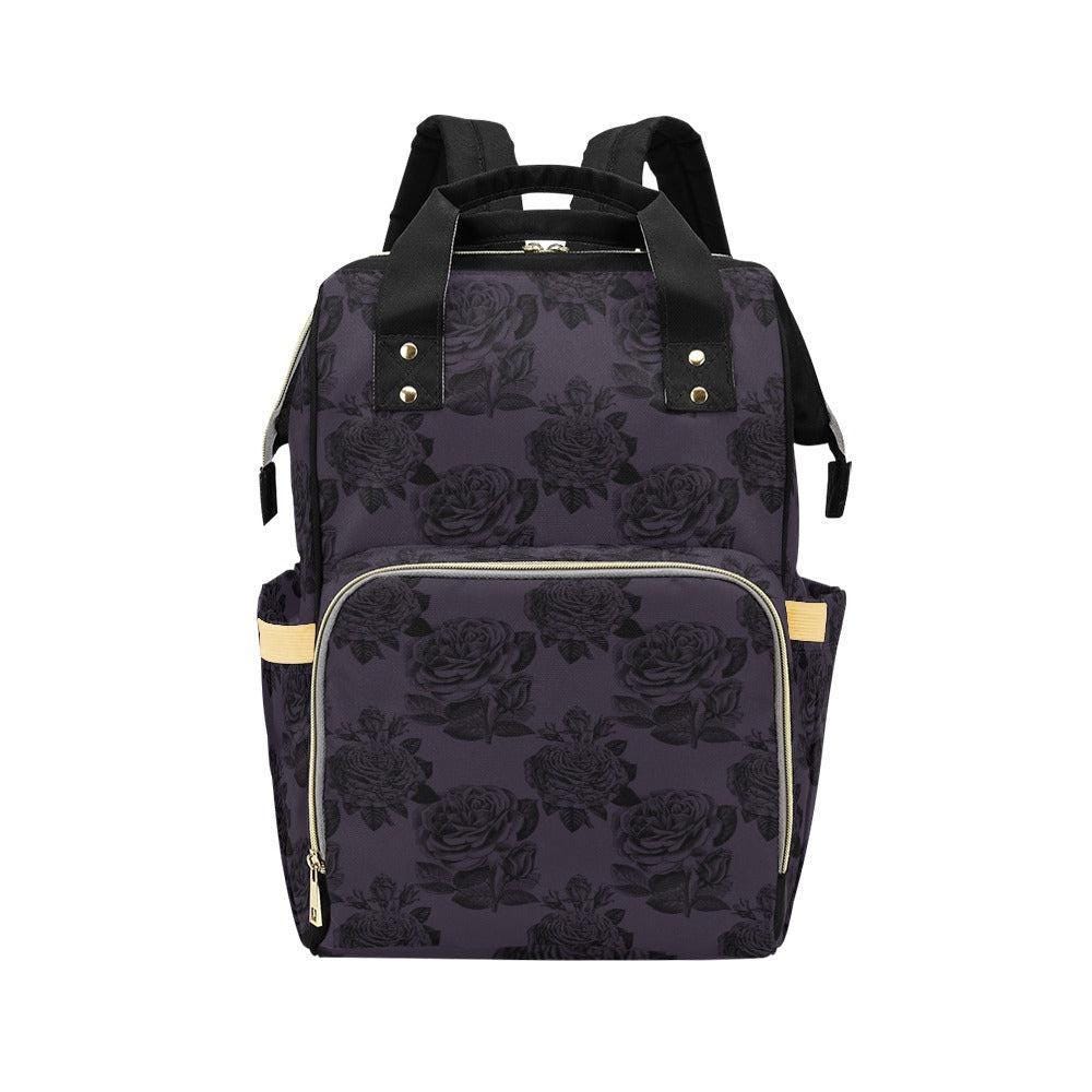 Black Rose Diaper Backpack, Dark Floral Baby Bag with Botanical Pattern