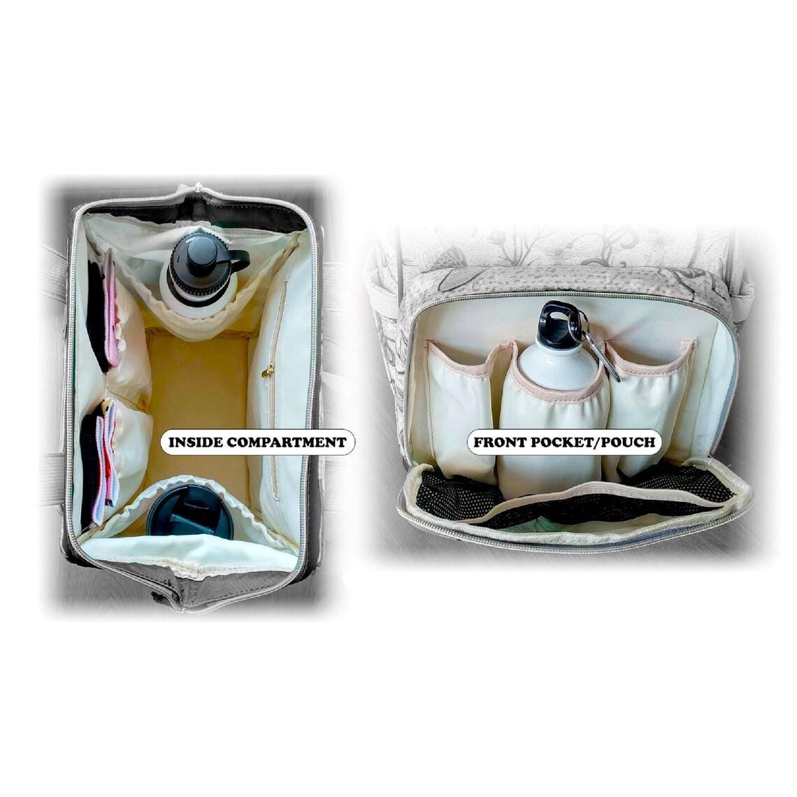 two compartments inside a bag, labeled "INSIDE COMPARTMENT" and "FRONT POCKET/POUCH".