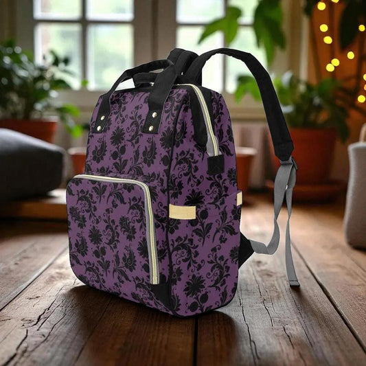 Purple Damask Backpack, Vintage Gothic Ornamental Pattern Bag