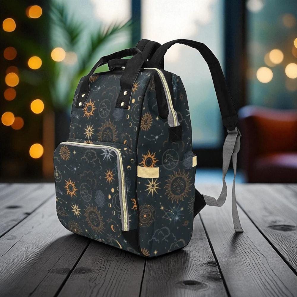 Celestial Sun and Moon Diaper Backpack, Astrology Pattern Baby Bag