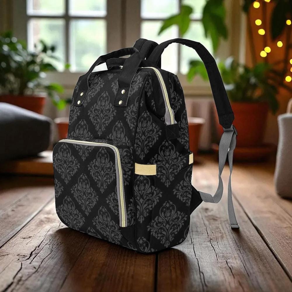 Victorian Damask Diaper Backpack, Dark Ornamental Baby Bag for Everyday Carry