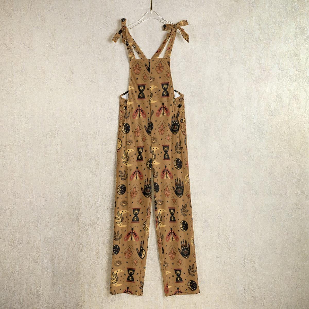 Tarot Symbol Overalls Jumpsuit, Mystic Boho Wide Leg Occult Dungarees