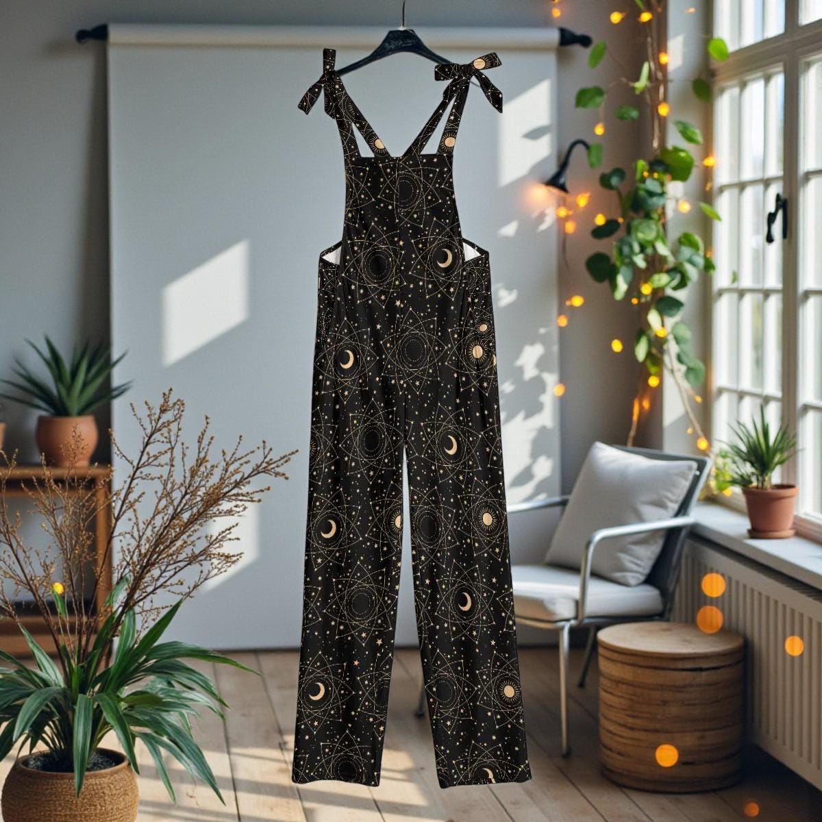 Moon and Stars Overalls Jumpsuit, Witchy Constellation Dungarees