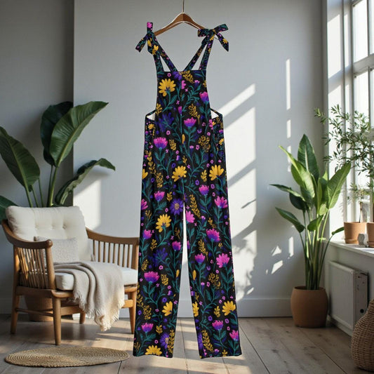 Colorful Floral Overalls, Botanical Wide Leg Dungarees, Festival Outfit