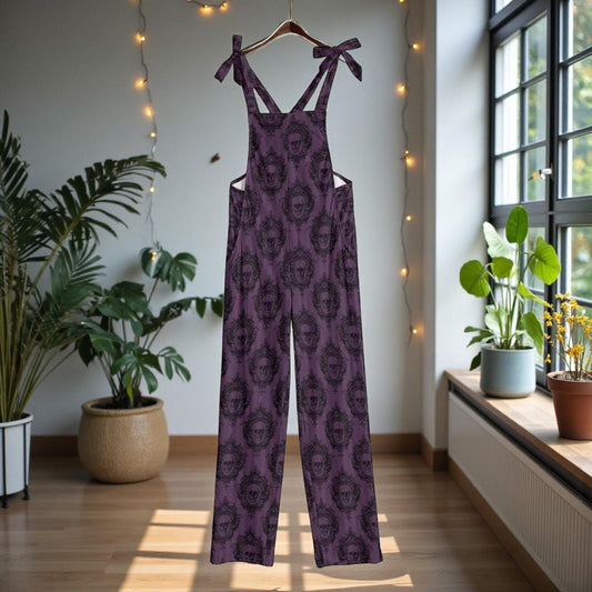 Purple Skull Overalls Jumpsuit, Gothic Wide Leg Witchy Dungarees