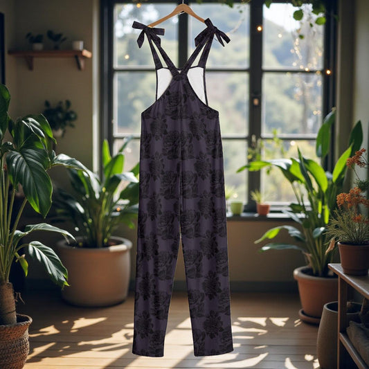 Dark Rose Overalls Jumpsuit, Gothic Floral Wide Leg Dungarees
