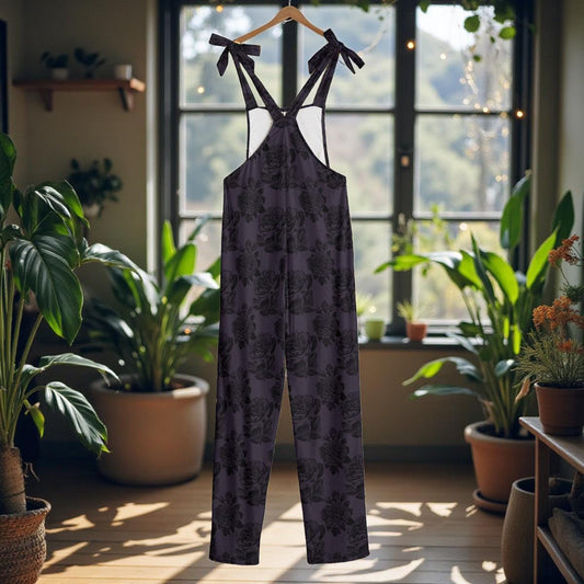 Dark Rose Overalls Jumpsuit, Gothic Floral Wide Leg Dungarees