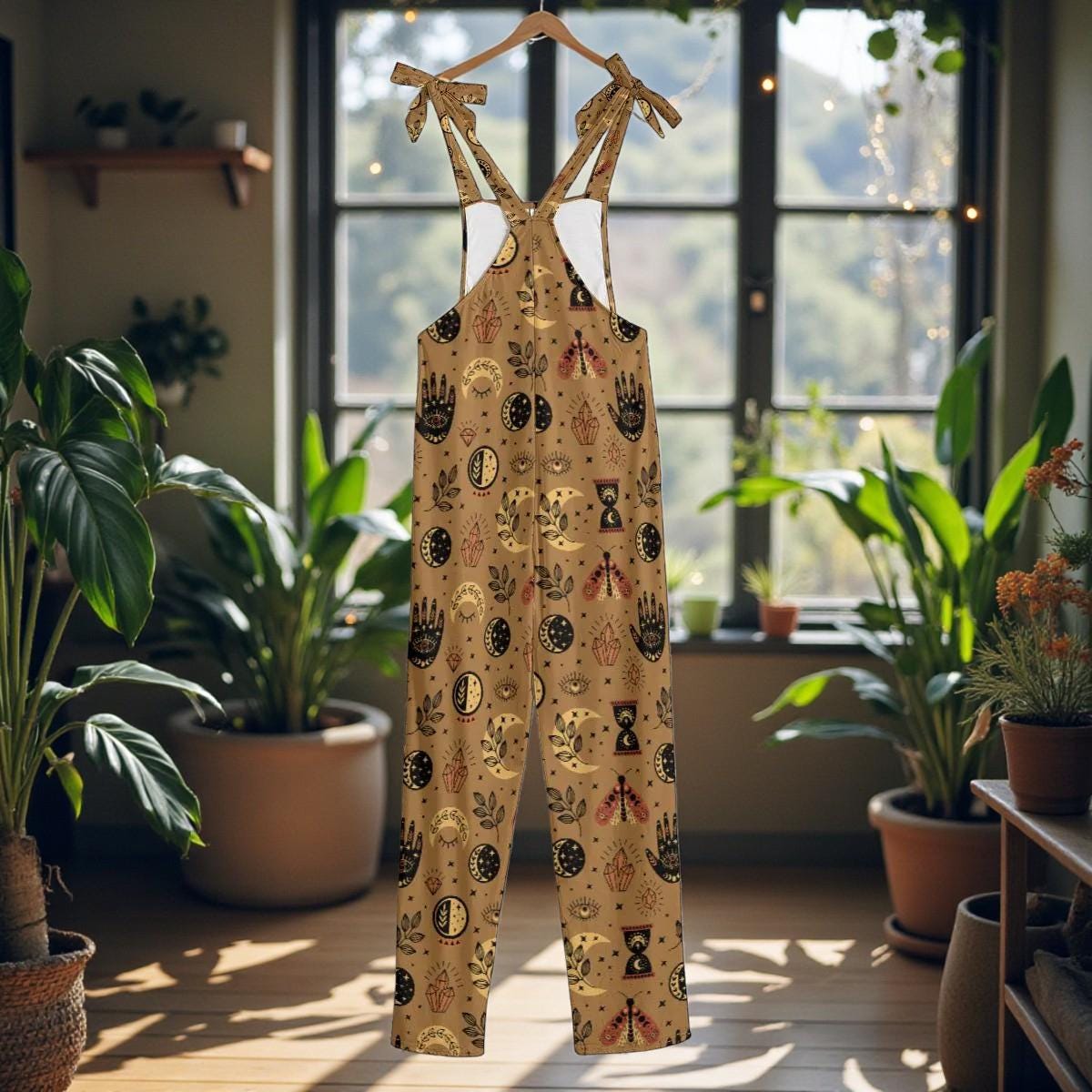 Tarot Symbol Overalls Jumpsuit, Mystic Boho Wide Leg Occult Dungarees