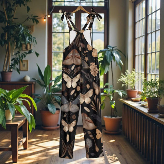 Nocturnal Moth Dungarees, Wide Leg Ribbon Strap Insect Print Jumpsuit