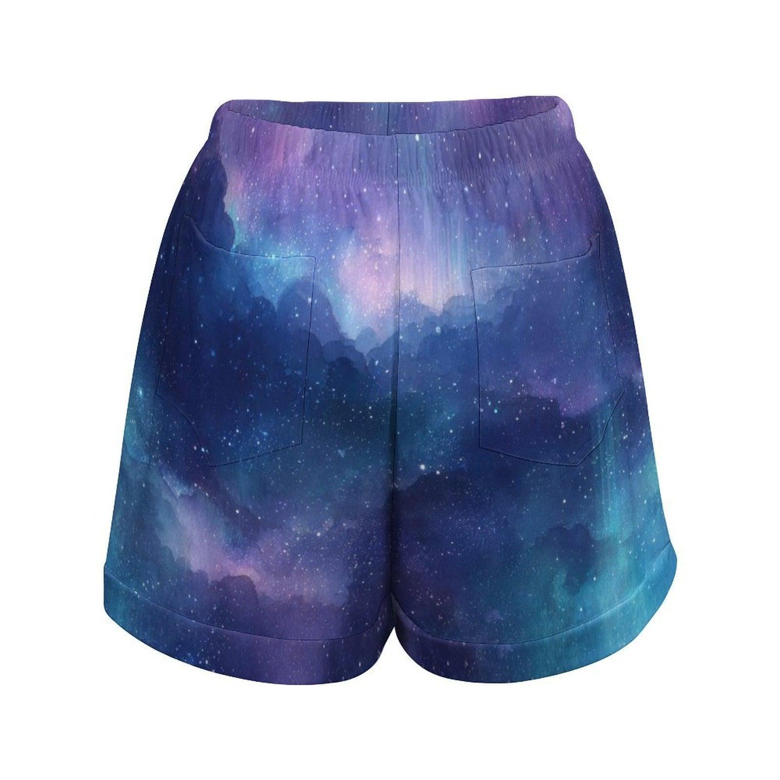 Galaxy Drawstring Shorts, Celestial Lounge Shorts, Blue Nebula Vacation Wear