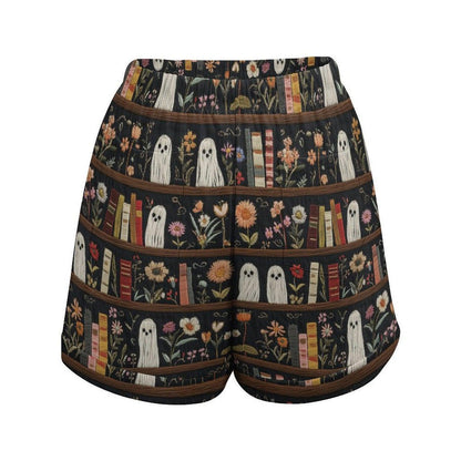 Ghost summer shorts, high waist cottagecore, spooky floral print, casual loose fit, indie aesthetic