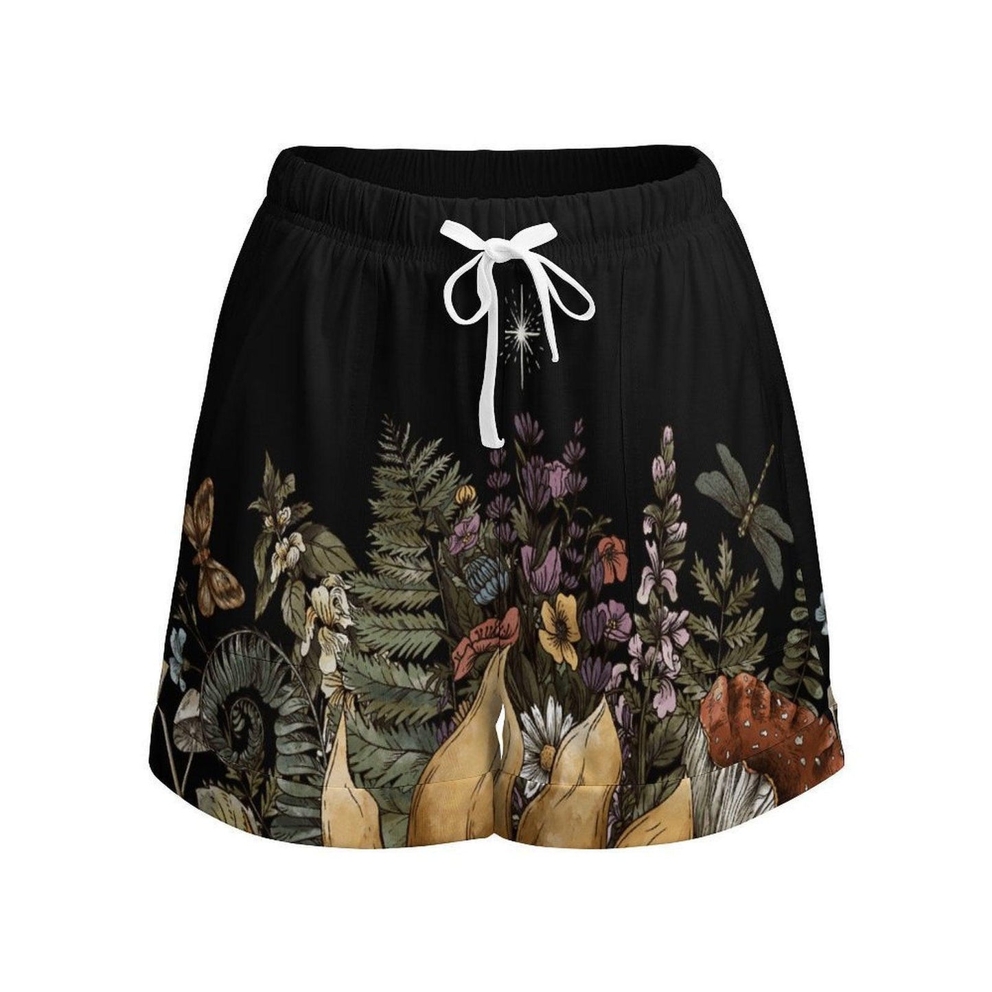 Woodland Botanical Print High Waisted Loose Summer Shorts with Forest Mushrooms and Wildflowers