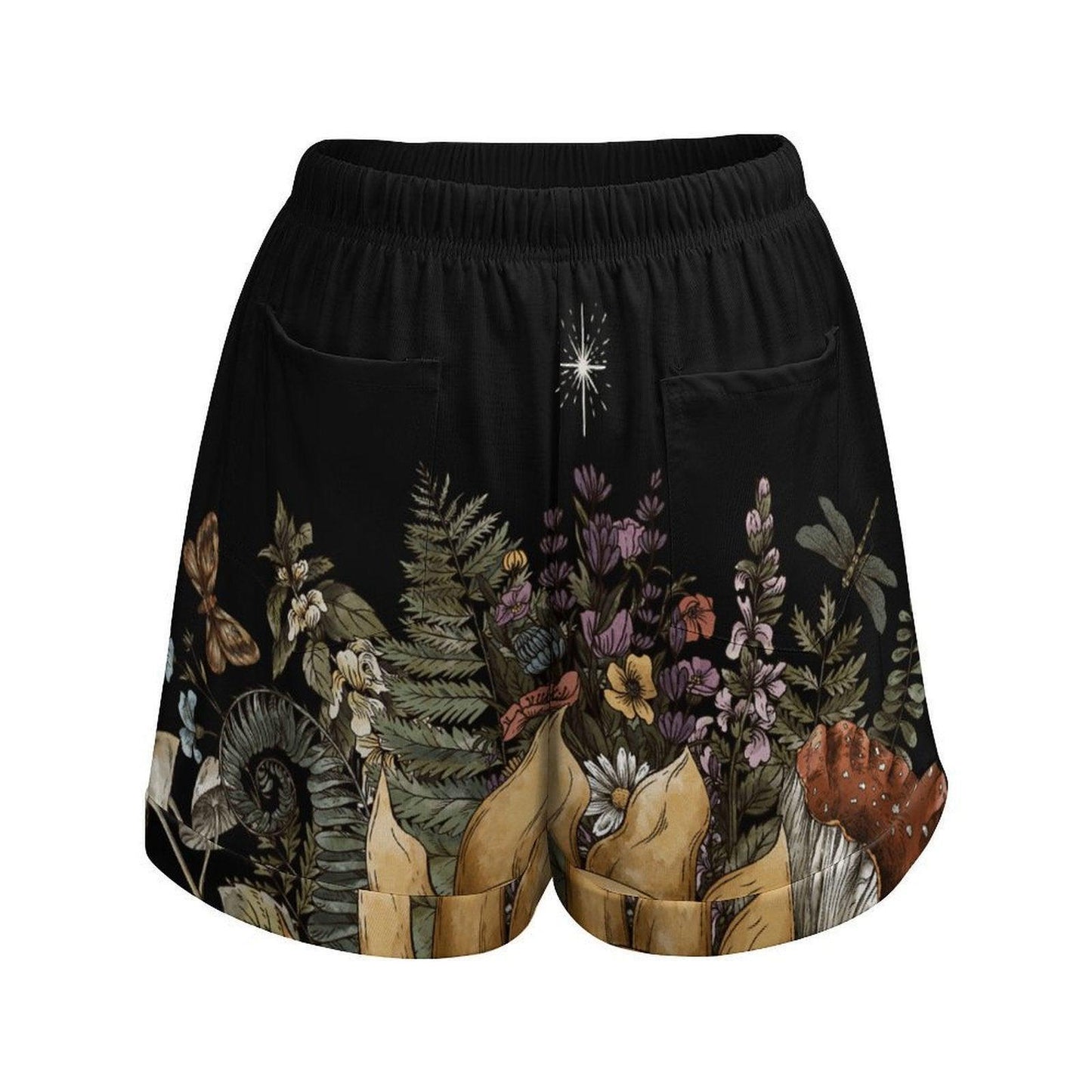 Woodland Botanical Print High Waisted Loose Summer Shorts with Forest Mushrooms and Wildflowers