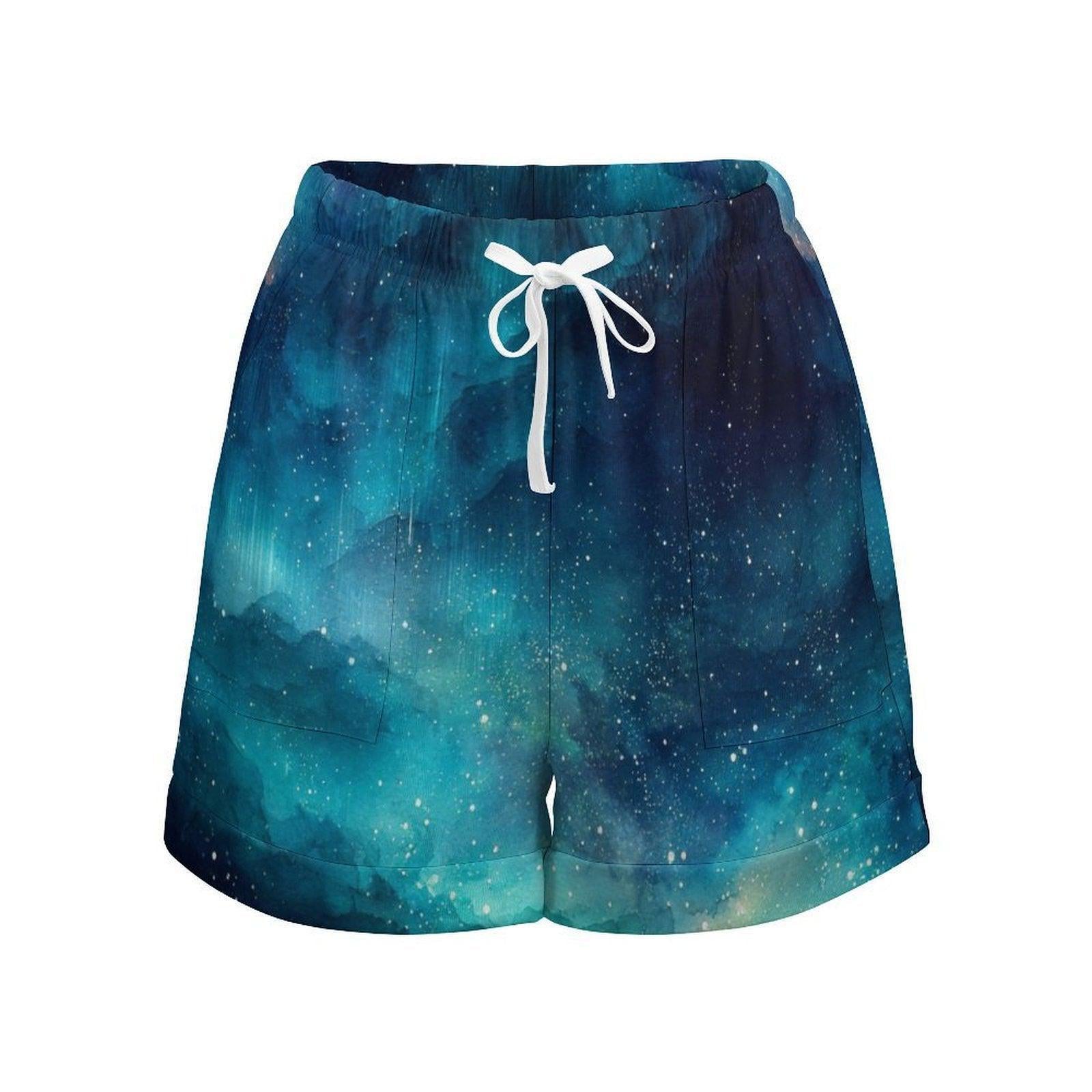 Teal Galaxy High Waisted Loose Summer Shorts with Starry Night Sky Print
