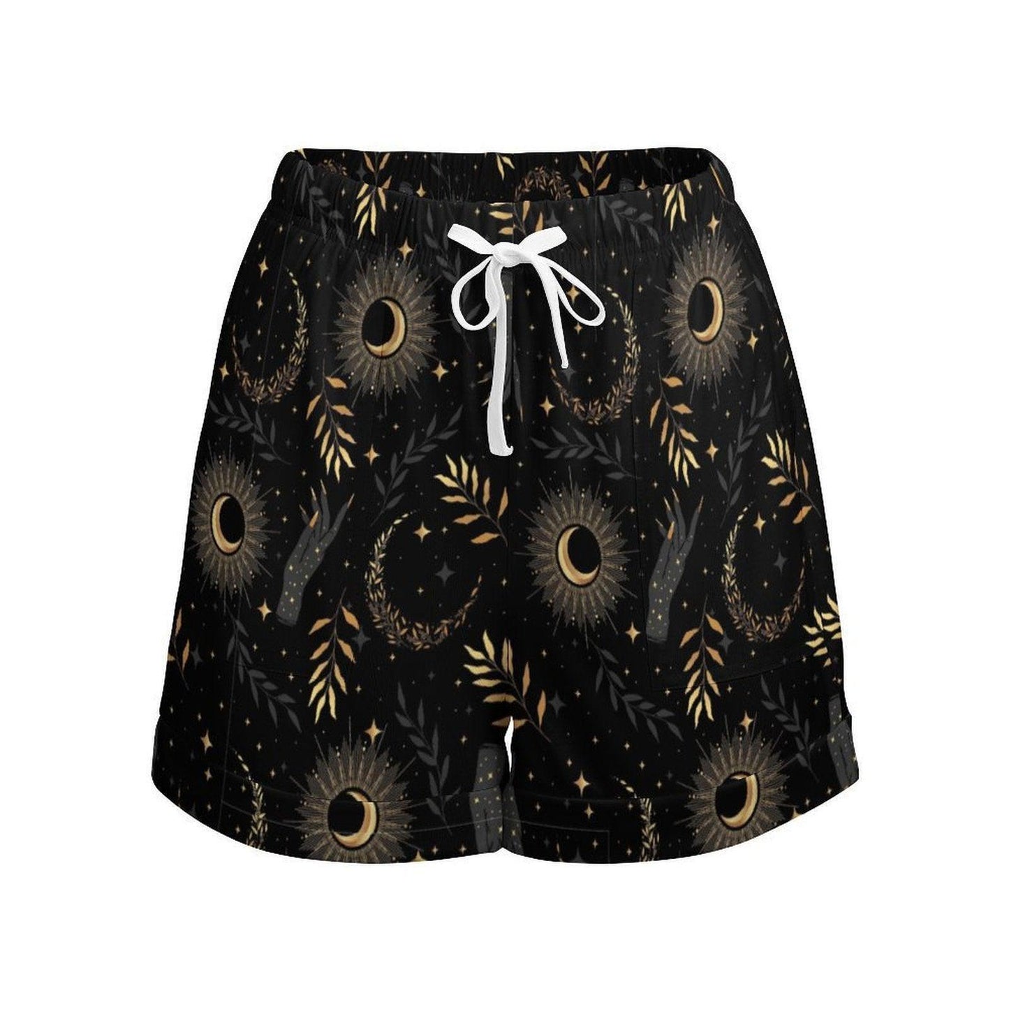 Black Sun and Moon High Waisted Loose Summer Shorts with Celestial Star Print