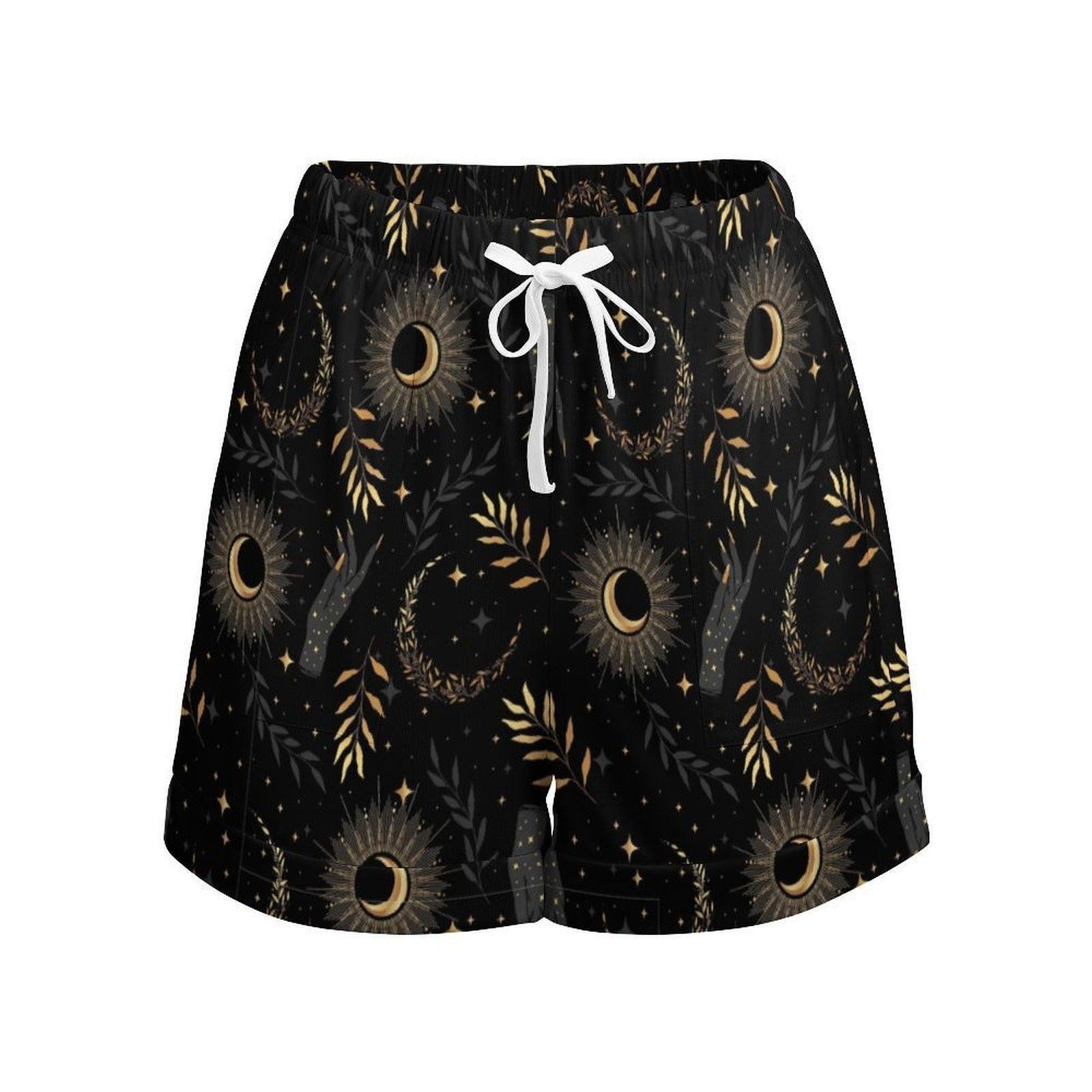 Black Sun and Moon High Waisted Loose Summer Shorts with Celestial Star Print