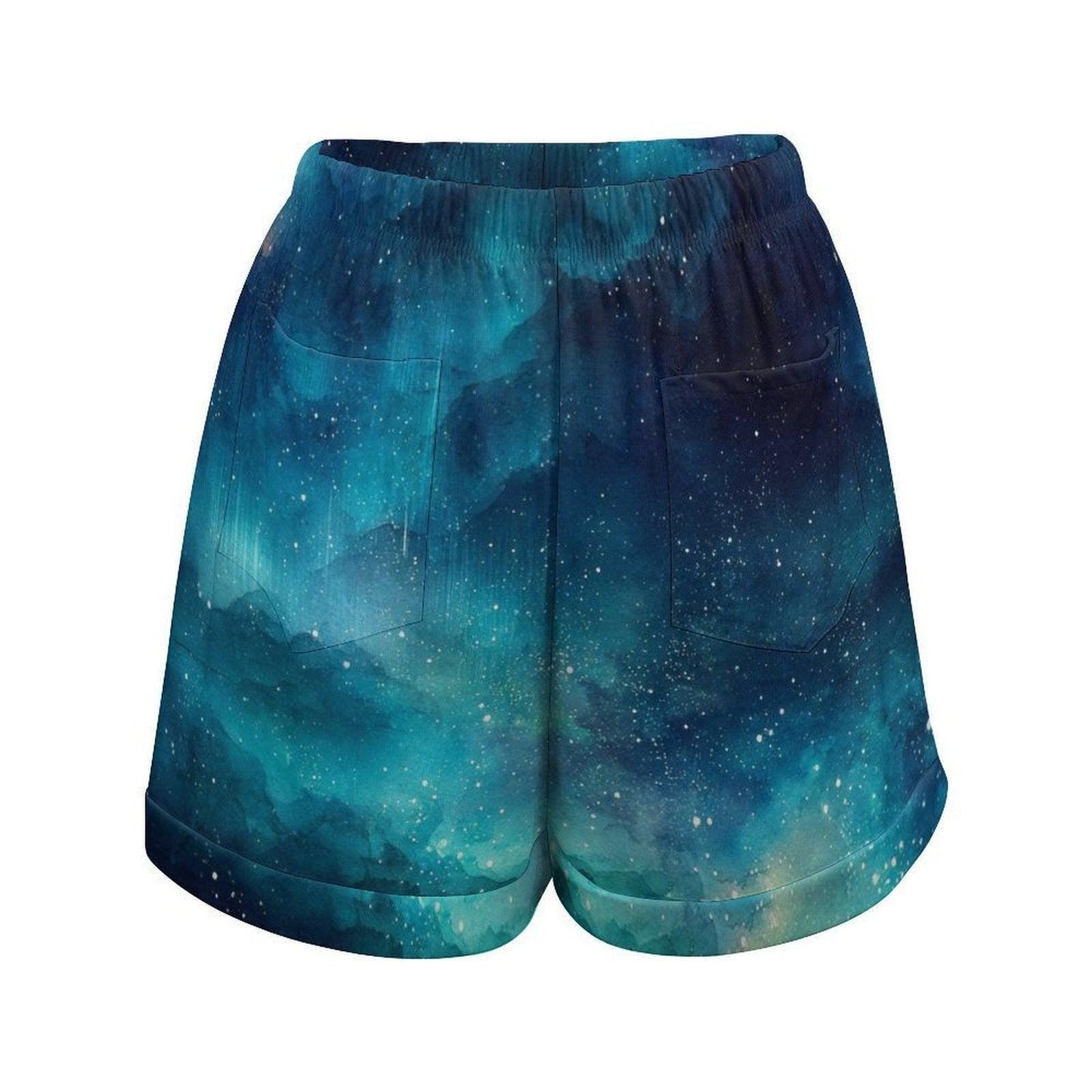Teal Galaxy High Waisted Loose Summer Shorts with Starry Night Sky Print