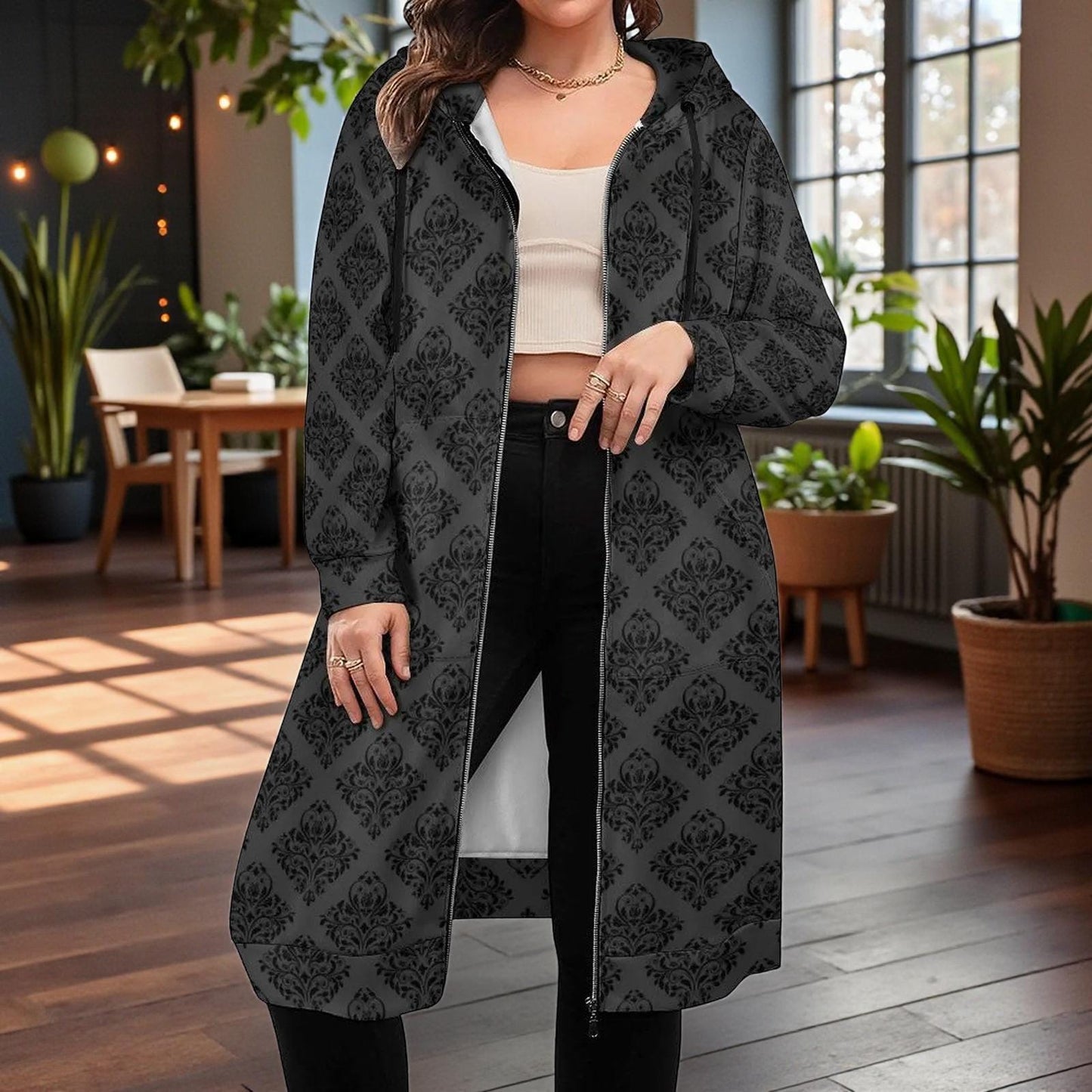 Black Damask Hooded Longline Cardigan Coat with Zipper Front