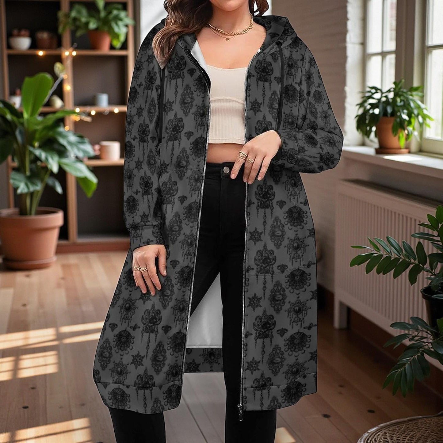 Black Damask Long Zip Hoodie Coat, Victorian Inspired Jacket