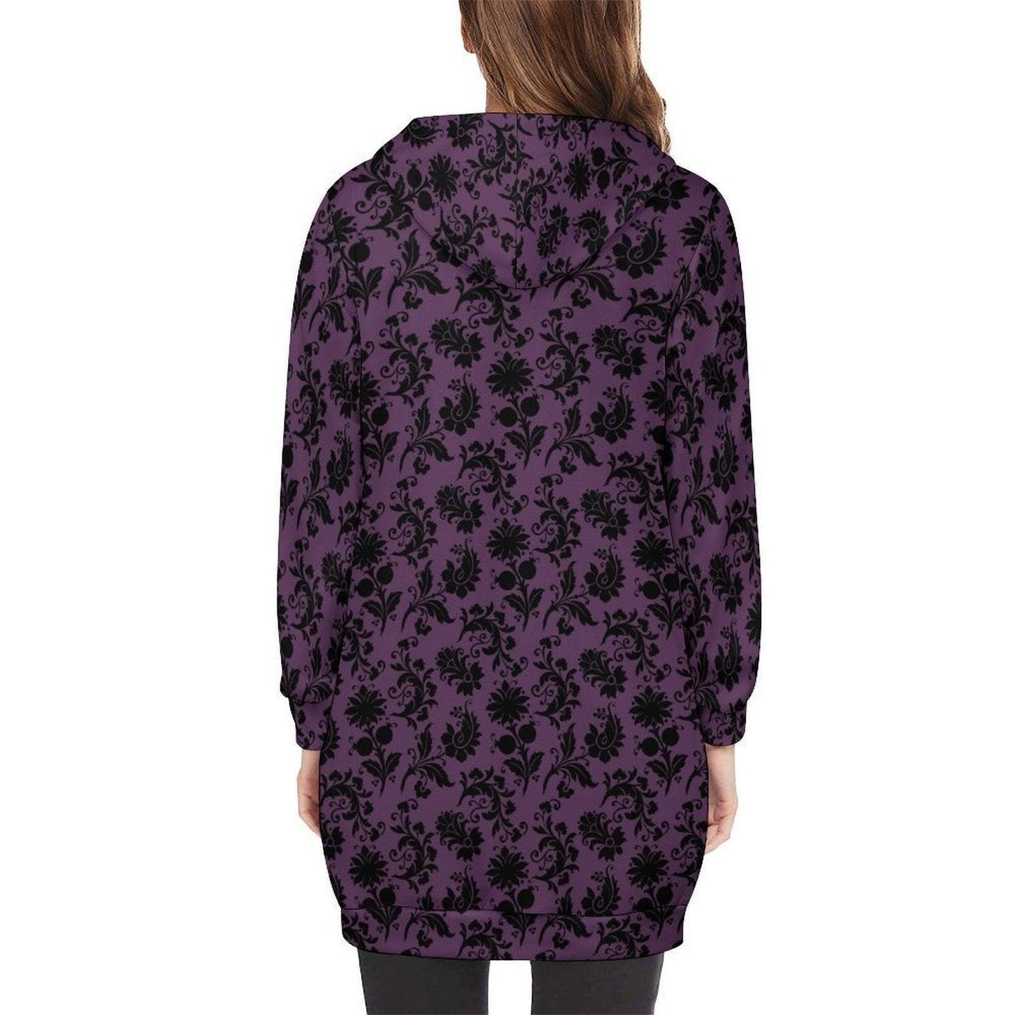 Purple Damask Long Hoodie Coat, Zip Up Duster Jacket