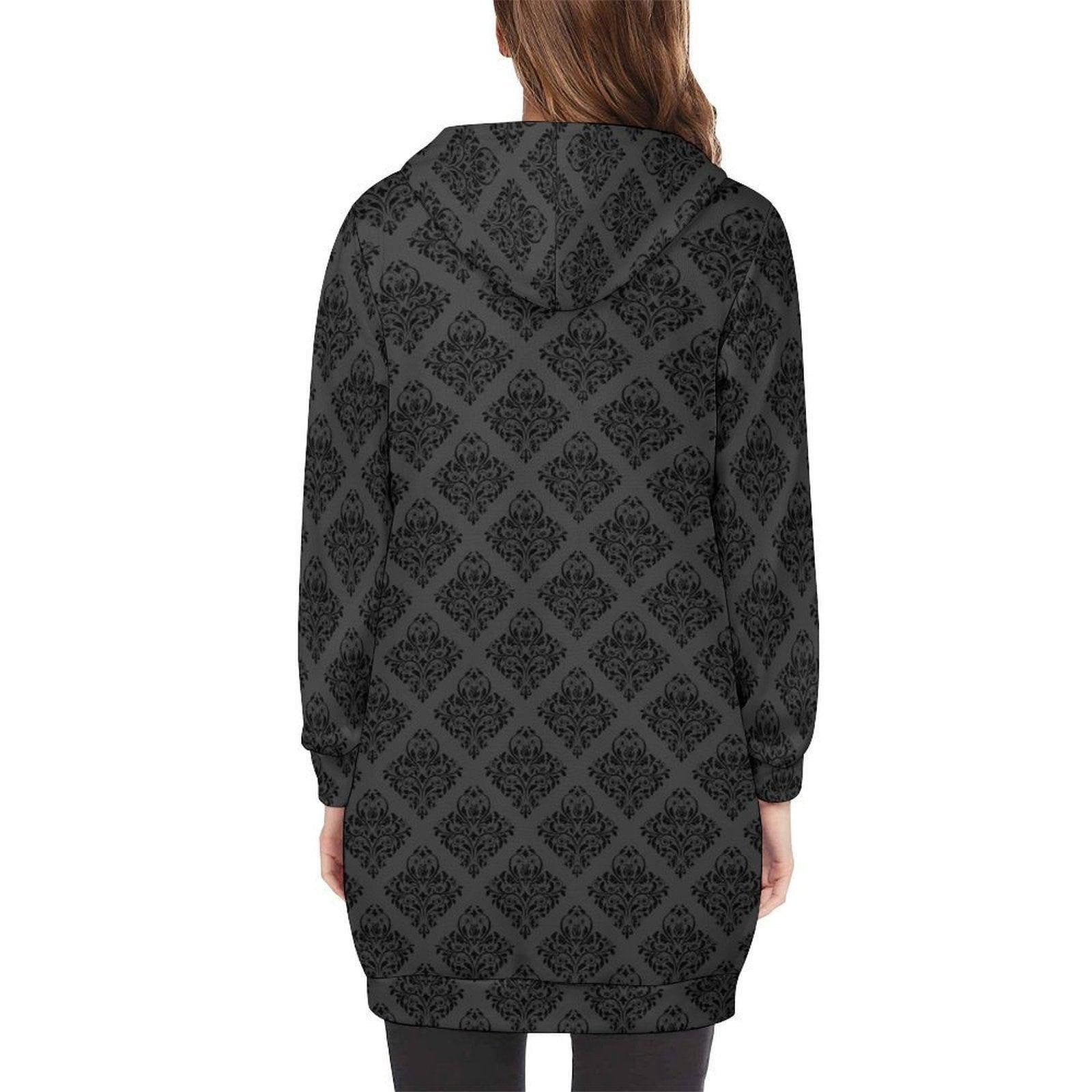 Black Damask Hooded Longline Cardigan Coat with Zipper Front