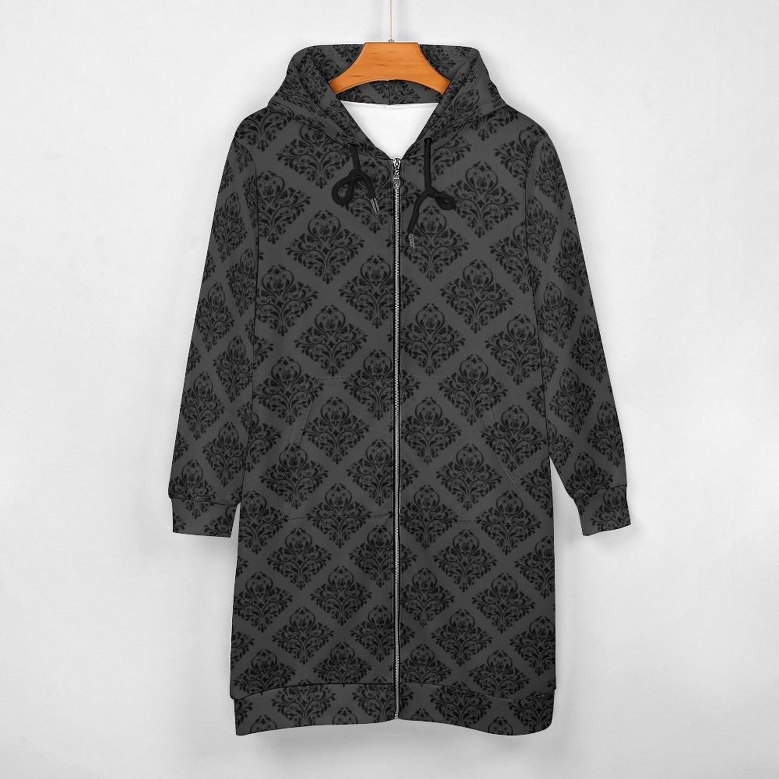 Black Damask Hooded Longline Cardigan Coat with Zipper Front