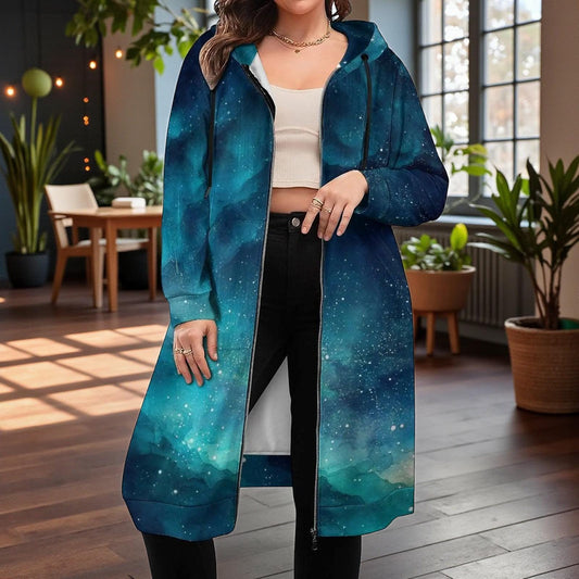 Teal Galaxy Print Hooded Long Duster Cardigan Coat