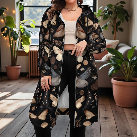 Moth Print Long Hooded Jacket, Dark Nature Zip Coat