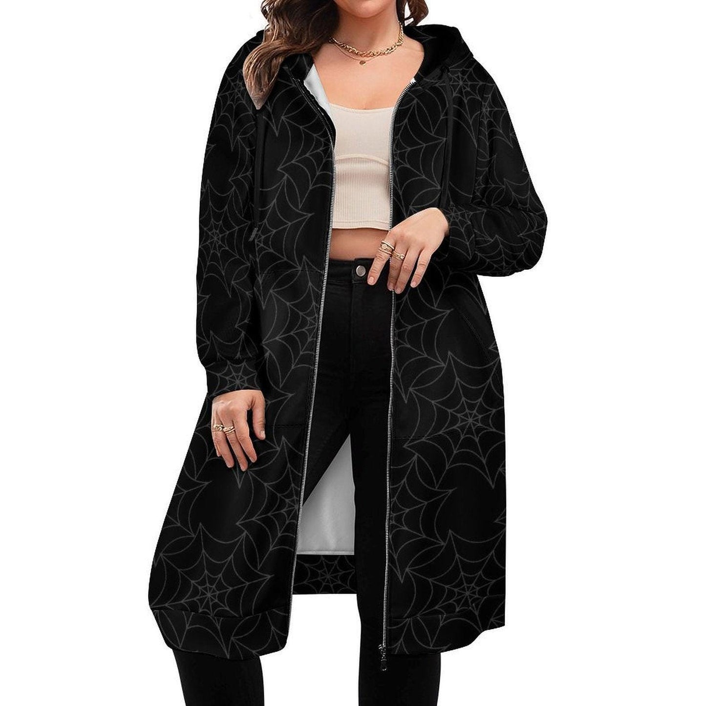 Black Spider Web Long Hooded Jacket, Gothic Zip Coat