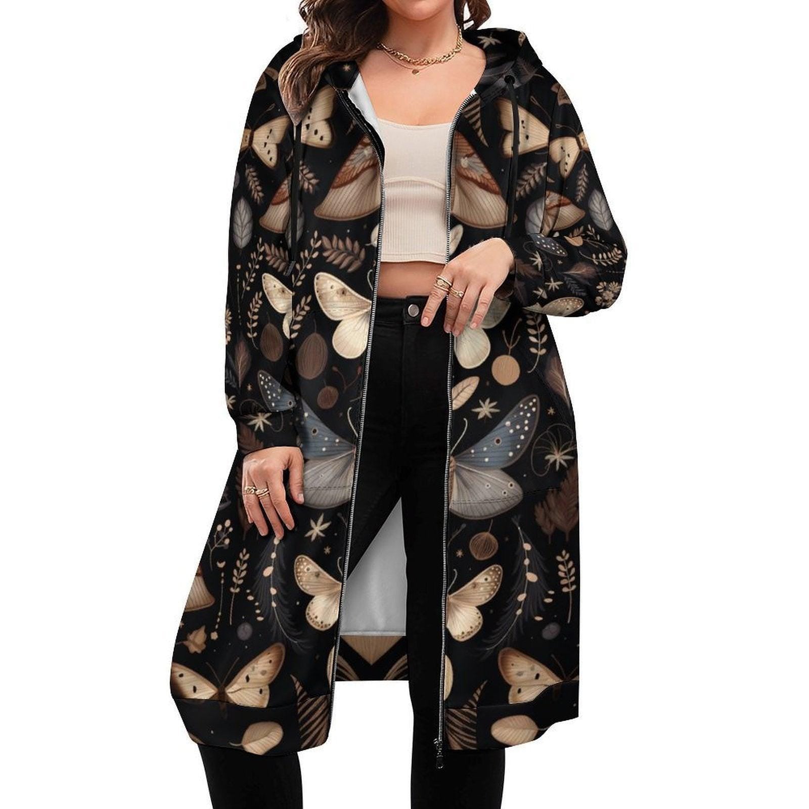 Moth Print Long Hooded Jacket, Dark Nature Zip Coat