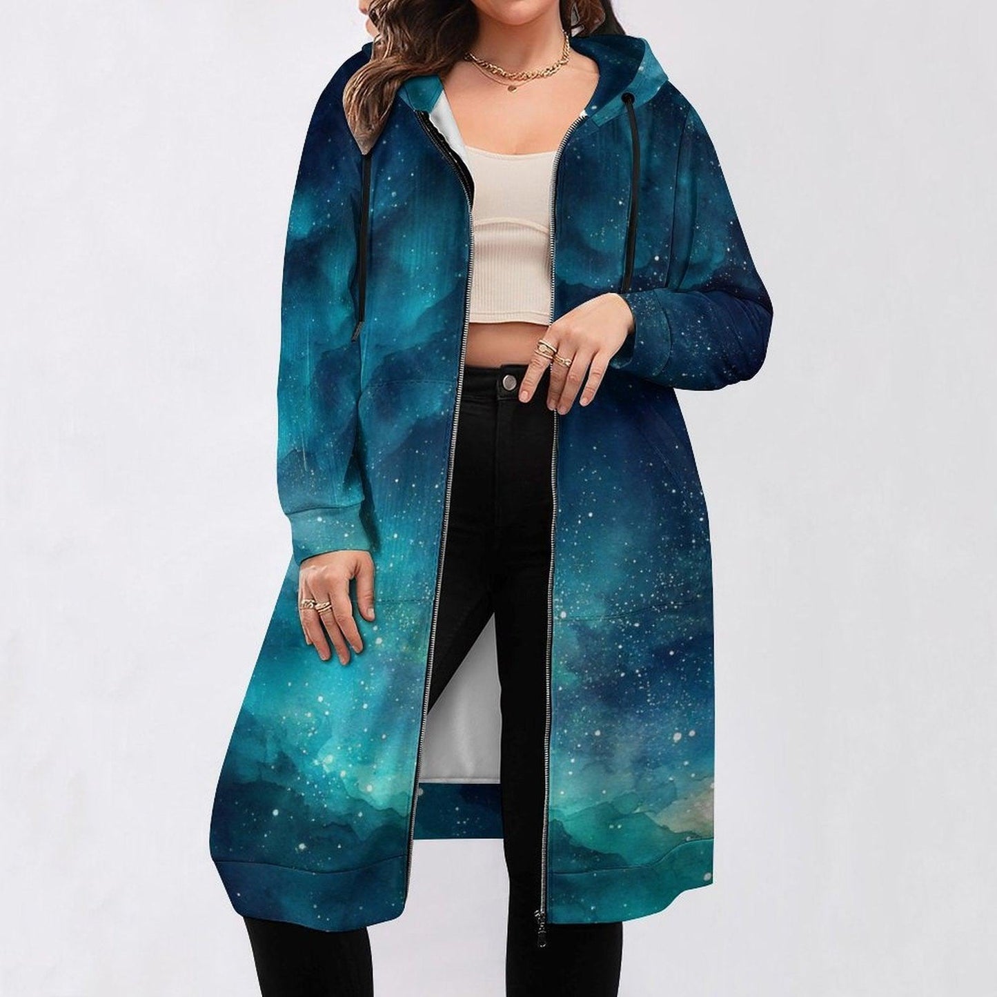 Teal Galaxy Print Hooded Long Duster Cardigan Coat