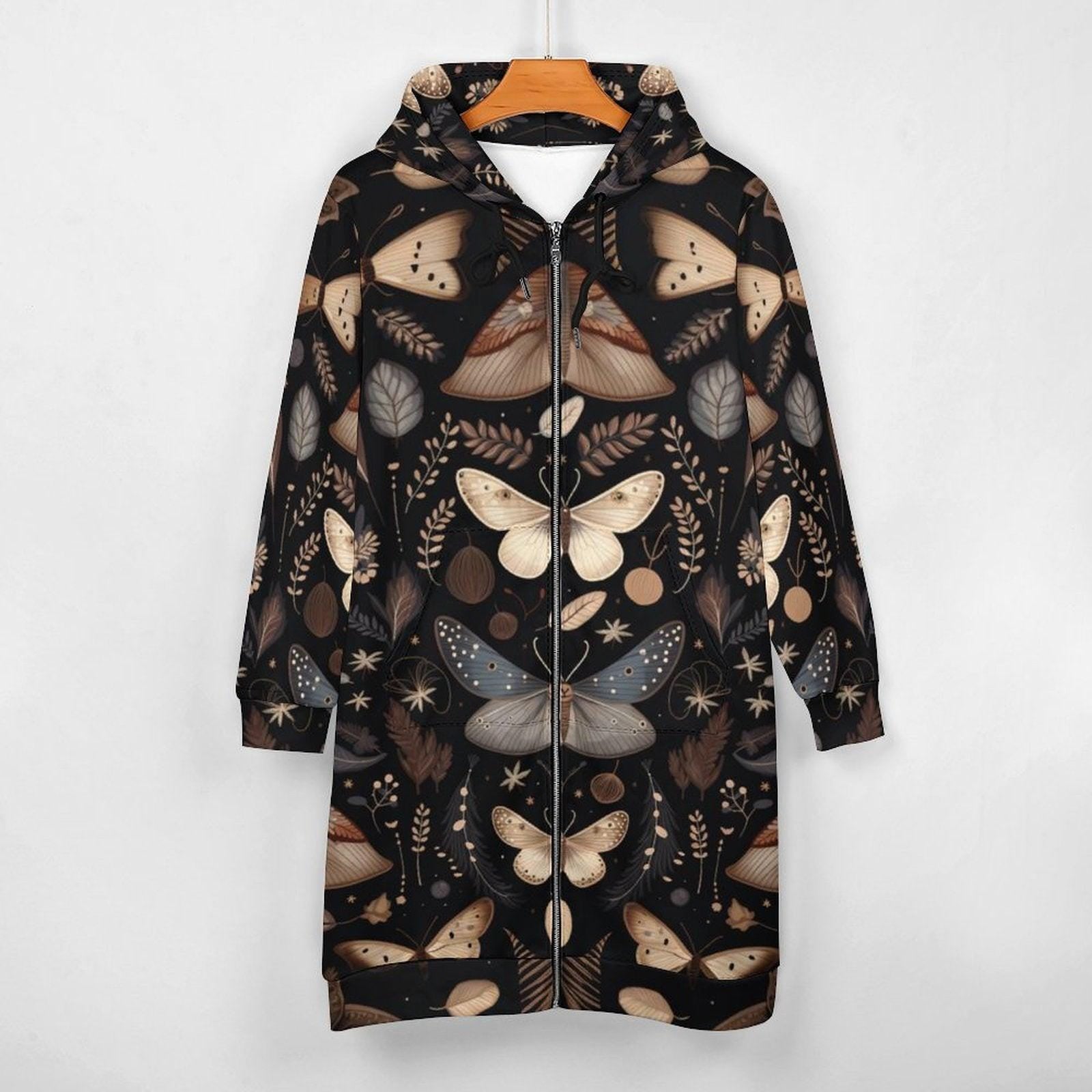 Moth Print Long Hooded Jacket, Dark Nature Zip Coat