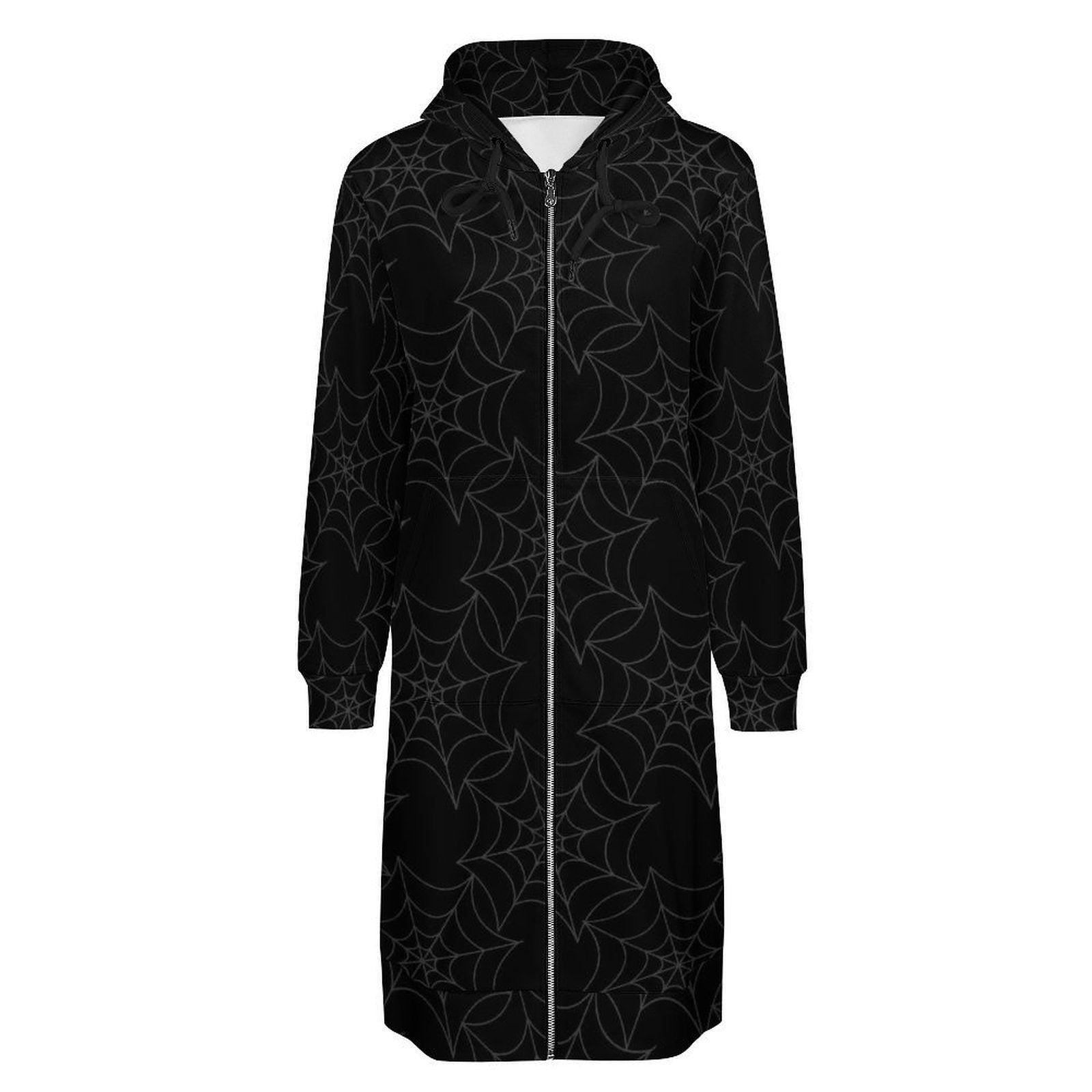 Black Spider Web Long Hooded Jacket, Gothic Zip Coat
