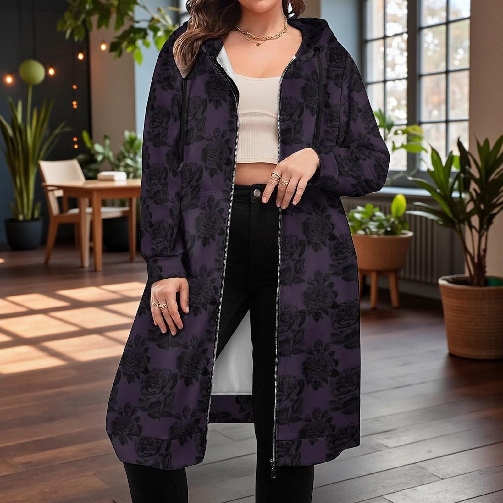 Purple Black Rose Long Hooded Jacket, Dark Floral Coat