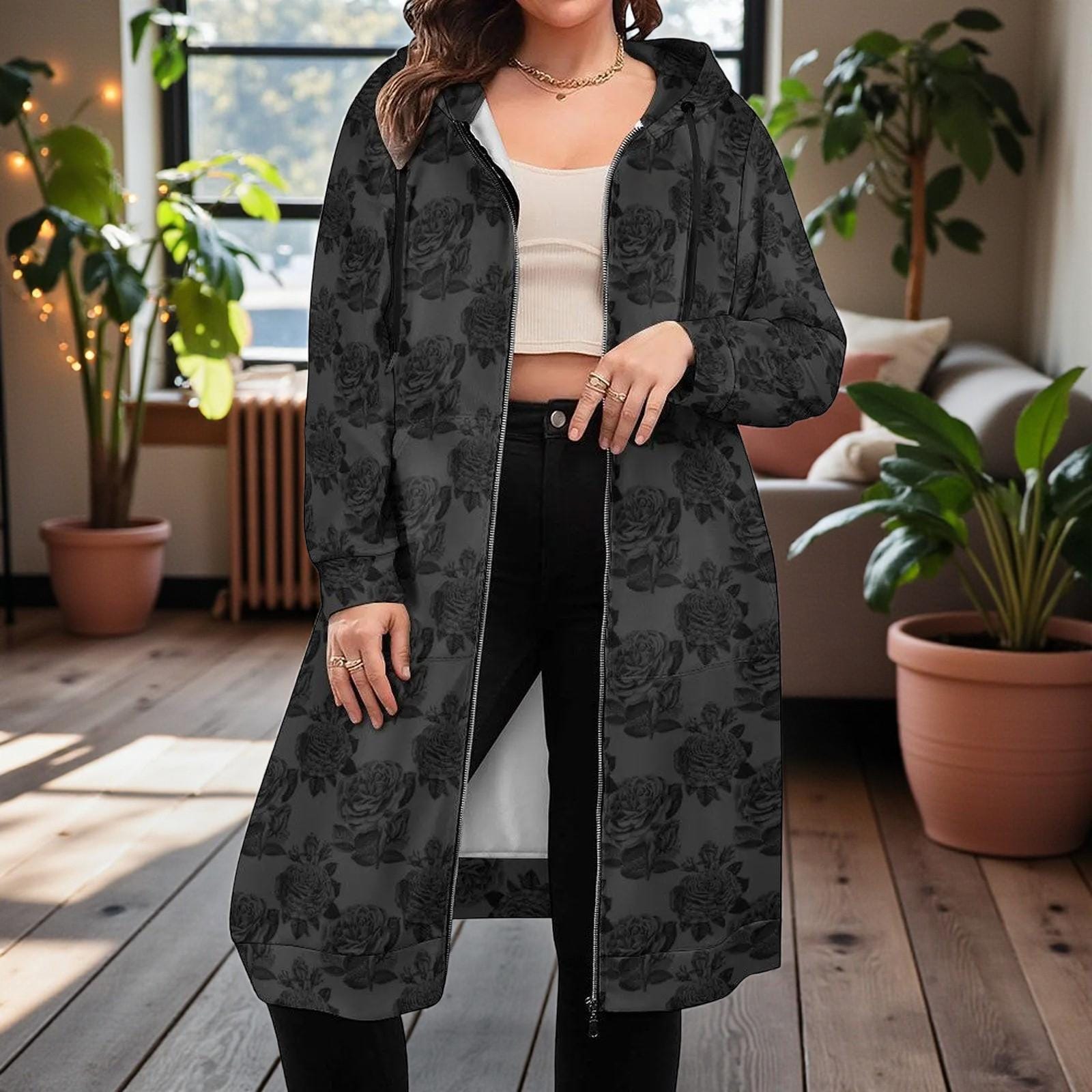 Black Rose Long Hooded Jacket, Dark Floral Zip Coat