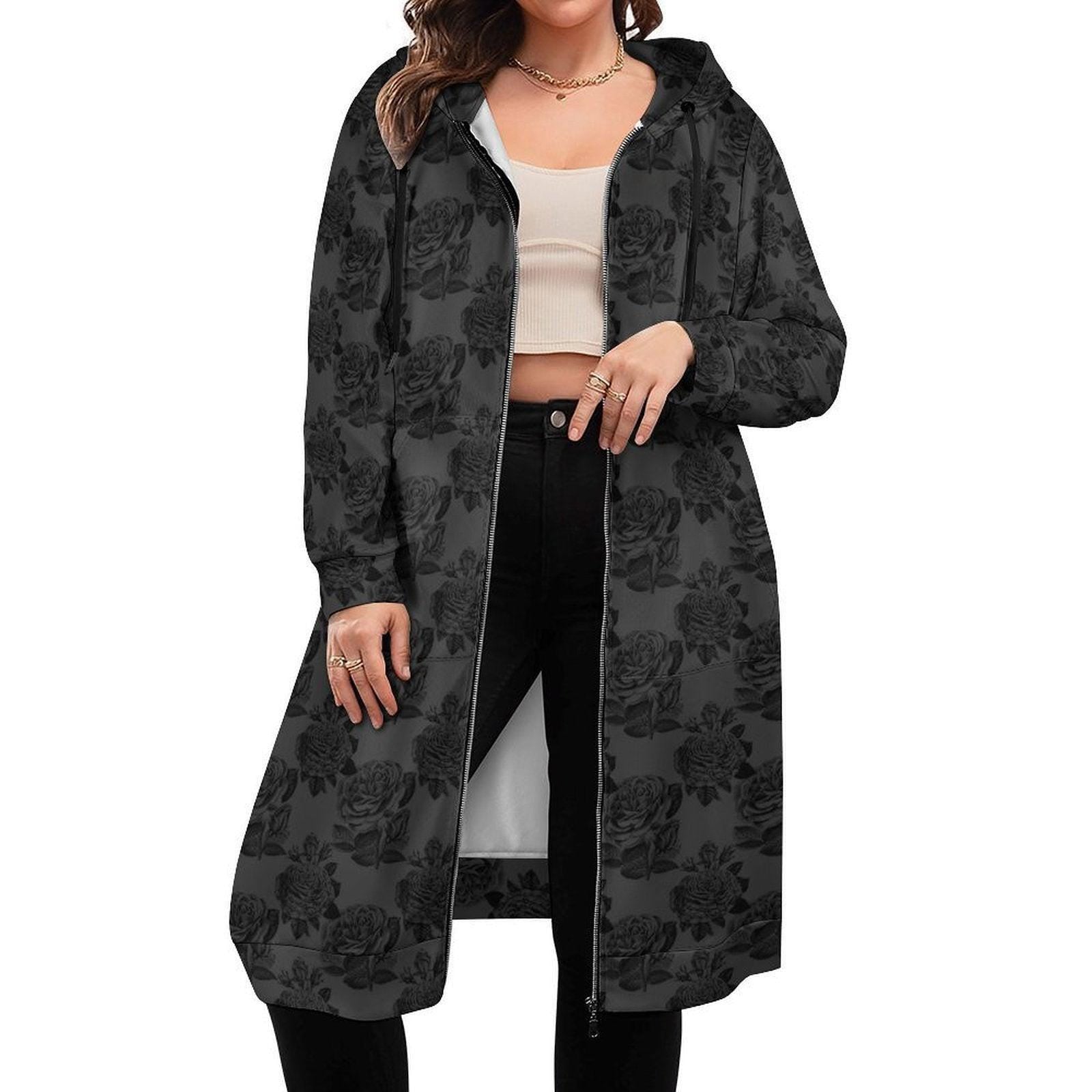 Black Rose Long Hooded Jacket, Dark Floral Zip Coat