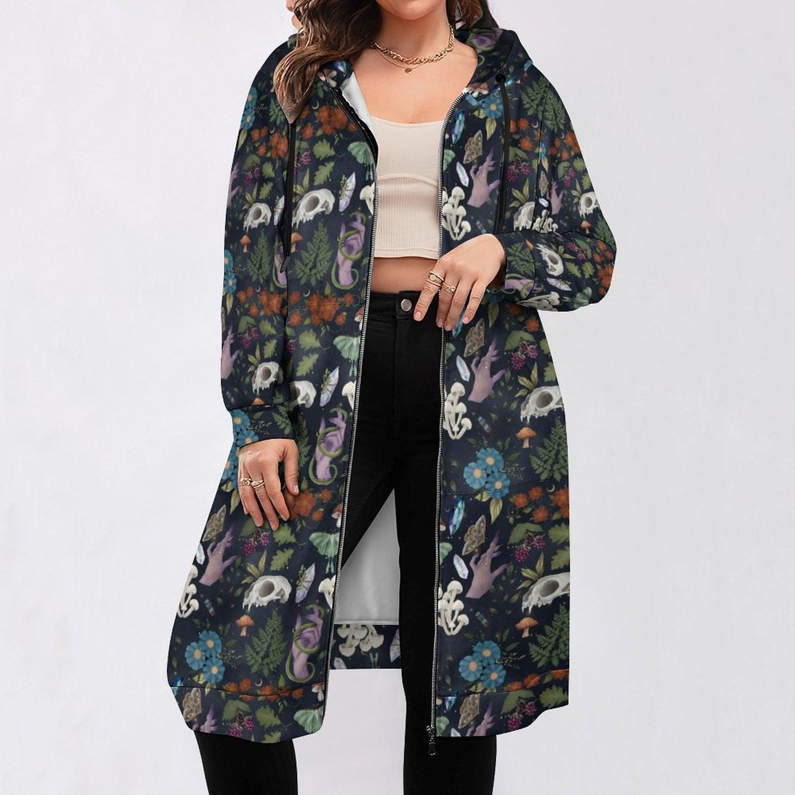 Forest Skull and Snake Print Long Zip Hoodie Coat