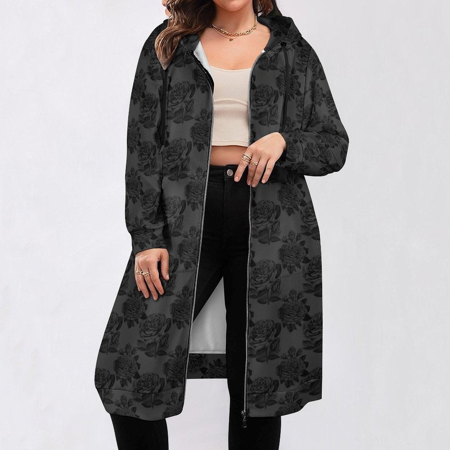 Black Rose Long Hooded Jacket, Dark Floral Zip Coat