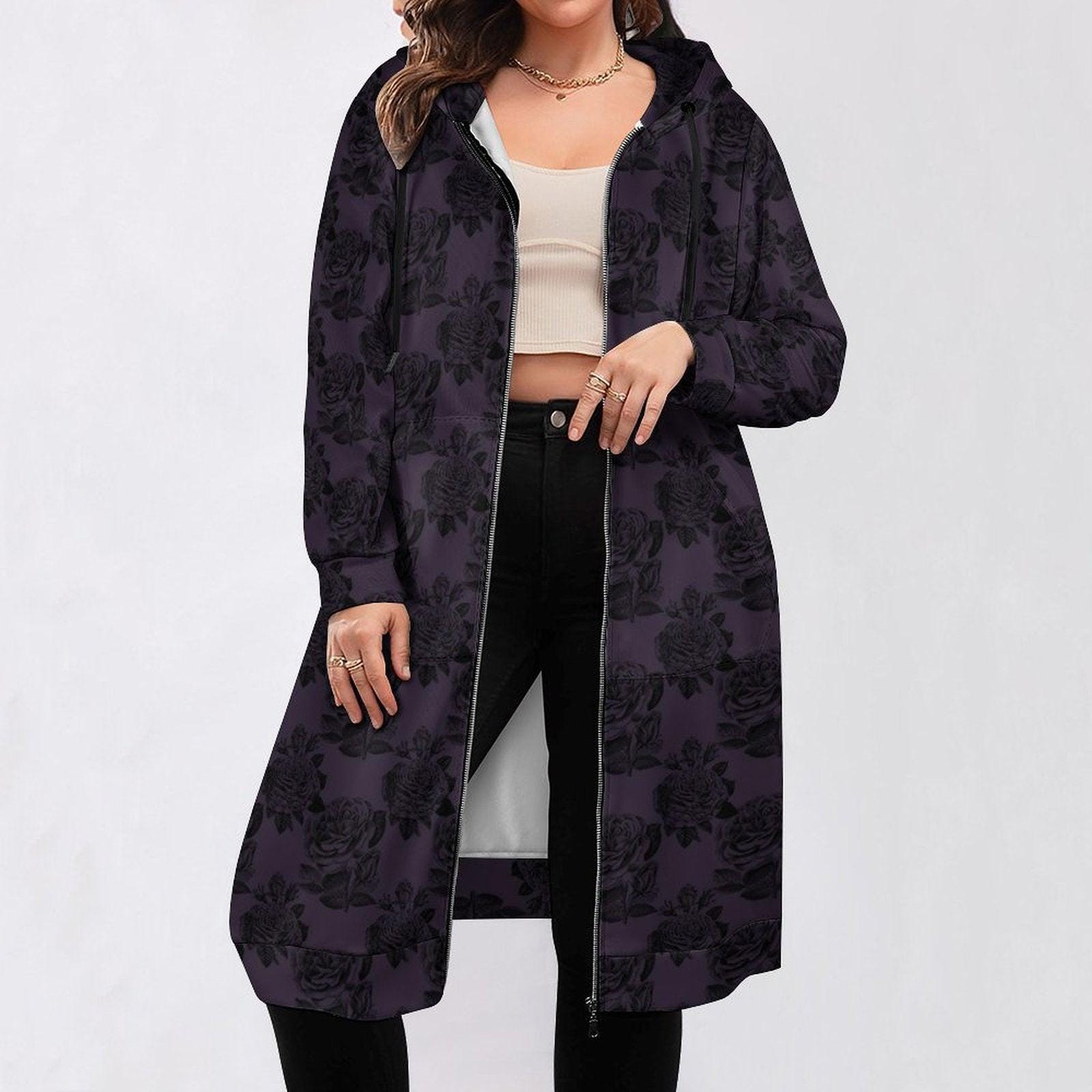 Purple Black Rose Long Hooded Jacket, Dark Floral Coat