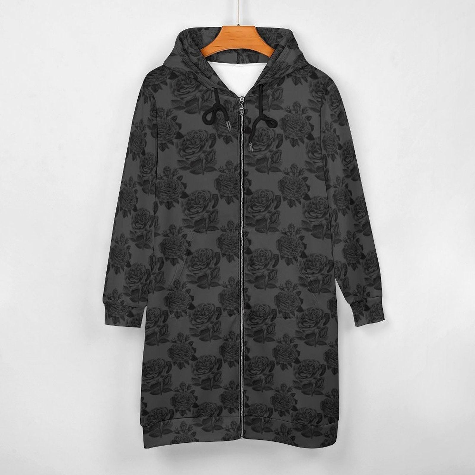 Black Rose Long Hooded Jacket, Dark Floral Zip Coat